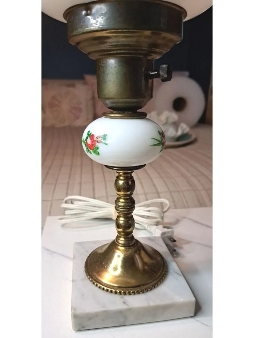 Vintage Hand-Painted Rose Milk Glass Brass & Marble Hurricane Table Lamp 13.5